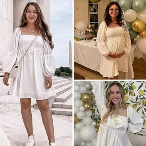 Womens Square Neck Dress Long Puff Sleeve A-Line Casual Short Mini Dress Bridal - Picture 2 of 5